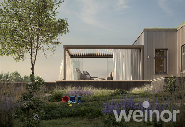 Outdoor-Vorhänge der Firma weinor als Sicht- und Sonnenschutz geeignet für eine Terrasse.