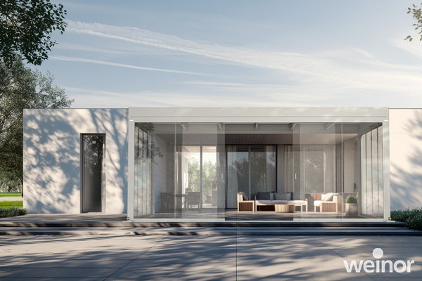 Terrassendach Terrazza PURE MAXX der Firma weinor umbaut von Mauernwerk.