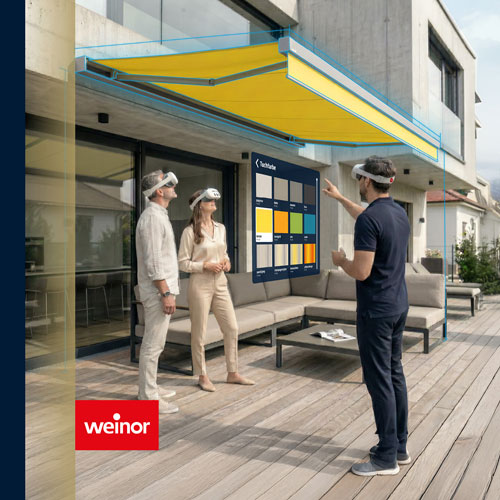 weinor Vision 3D Brille in der Vorführung auf einer Gartenterrasse mit einer fiktiven Markise.
