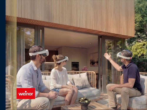 weinor Vision 3D Brille in der Vorführung auf einer Gartenterrasse ohne Überdachung.